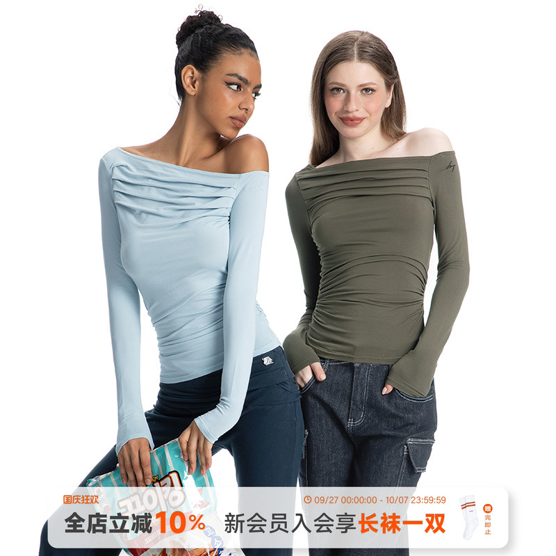 ABMY 休闲纸片人 美式褶皱斜肩T恤修身显瘦设计感百搭打底上衣
