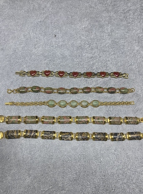 02青岛外贸饰品高级感天然石手链复古金色爱心花绿石铜链子手链