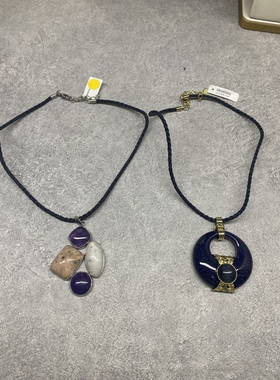 B1天然石紫水晶拼色吊坠项链女 复古黑色编织绳长款毛衣链