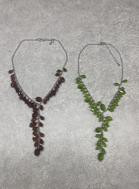 B1原创设计树叶水晶项链 森系清新绿色棕色水滴流苏清新小众项链