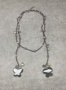 B1紫水晶珍珠蝴蝶花朵长款项链 复古森系小众设计感毛衣链围脖链