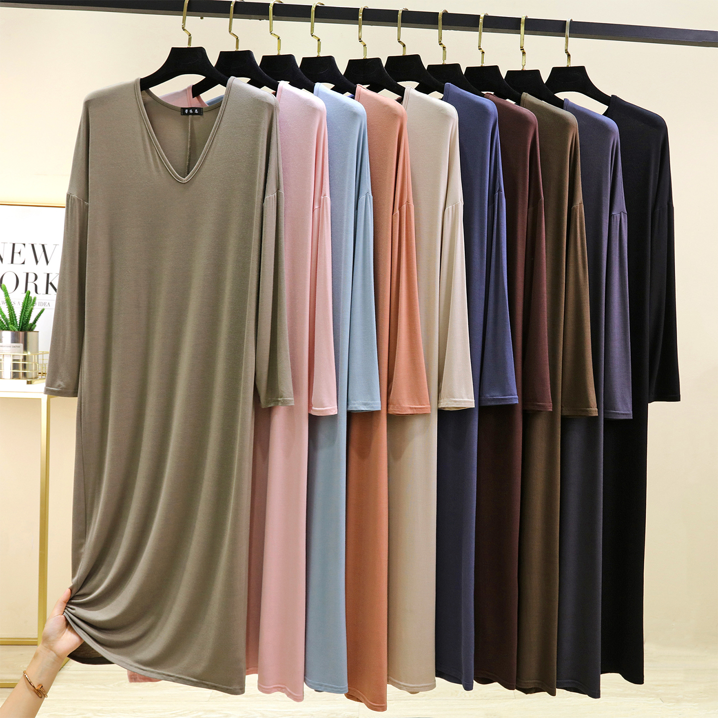 莫代尔秋V领长袖居家连衣裙睡裙