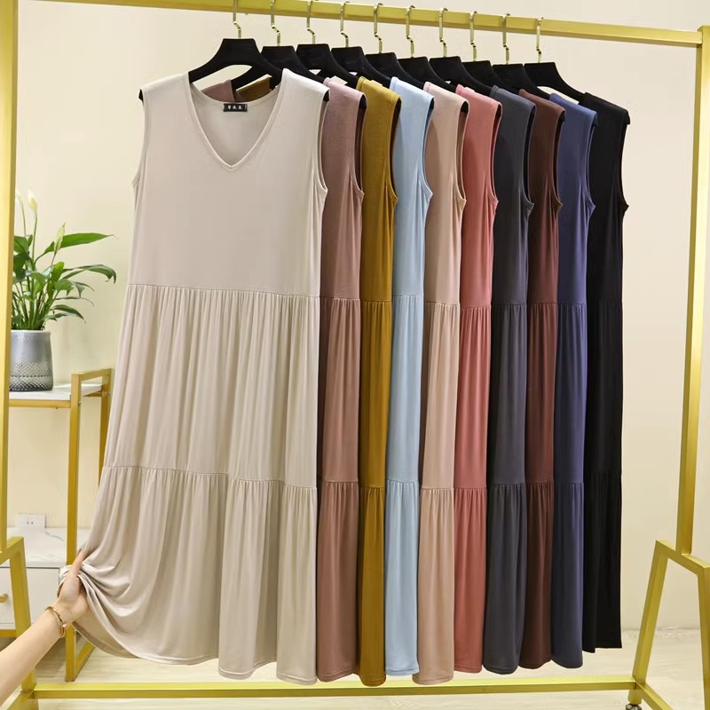 莫代尔A字裙纯色拼接连衣裙