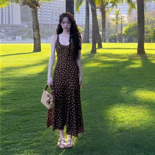 瑾姑娘【斜裁】修身显瘦复古波点长裙小个子 欧阳娜娜同款连衣裙
