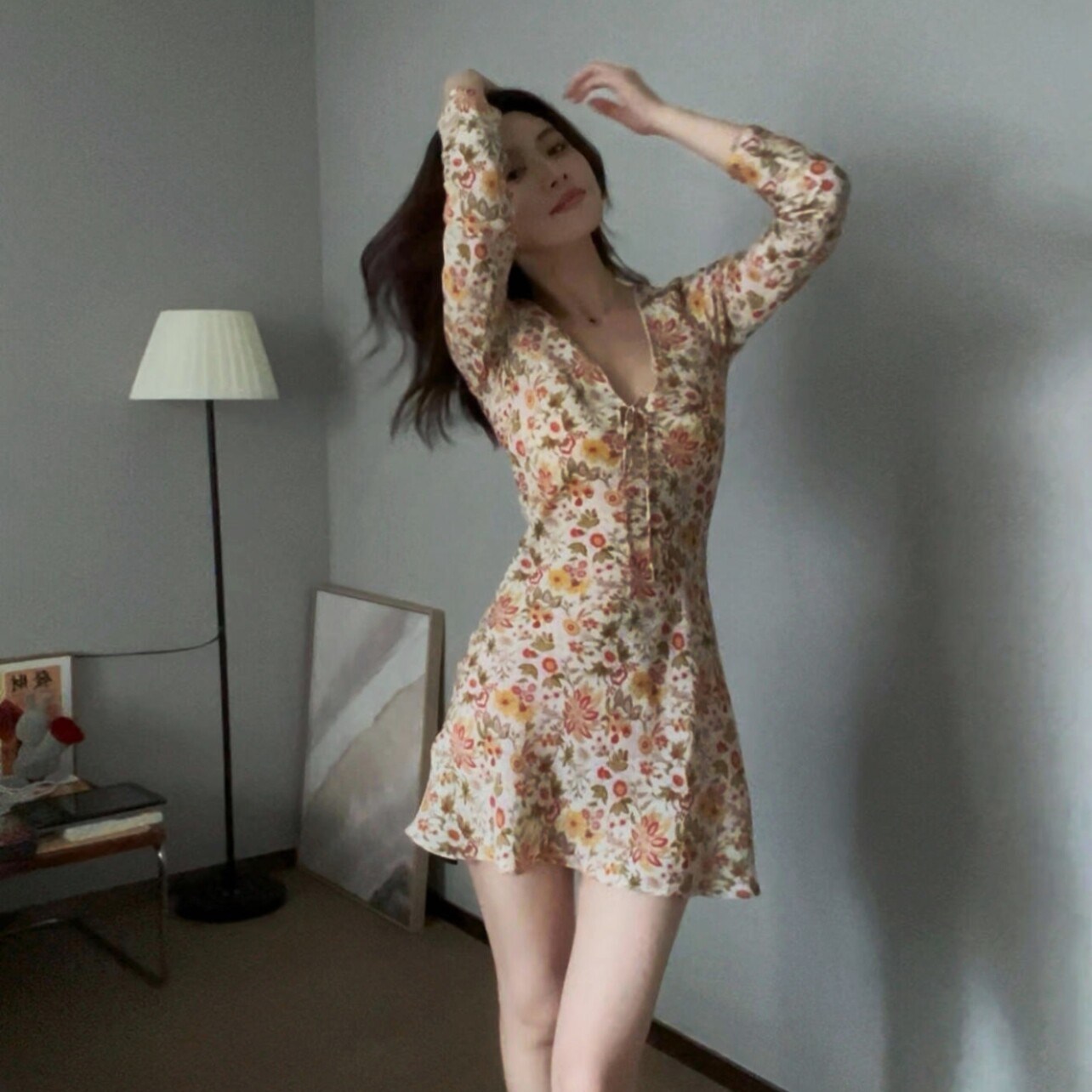 瑾姑娘【斜裁】藤蔓花卉海边度假短裙子小个子收腰修身碎花连衣裙