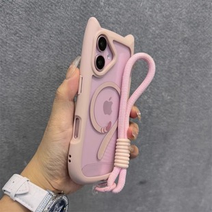 适用苹果16手机壳粉色猫耳朵iphone16promax磁吸猫尾15pro透明14亚克力iphone13简约高级感12情侣男女16plus