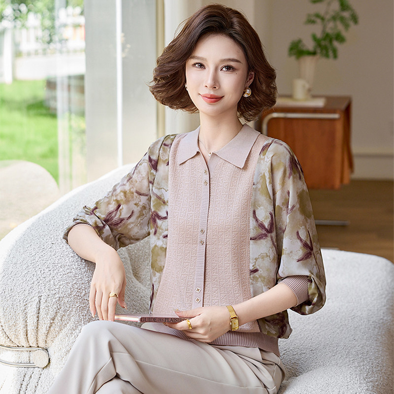 洋气妈妈秋装2026新款长袖针织打底小衫中老年女春秋纱袖T恤时尚