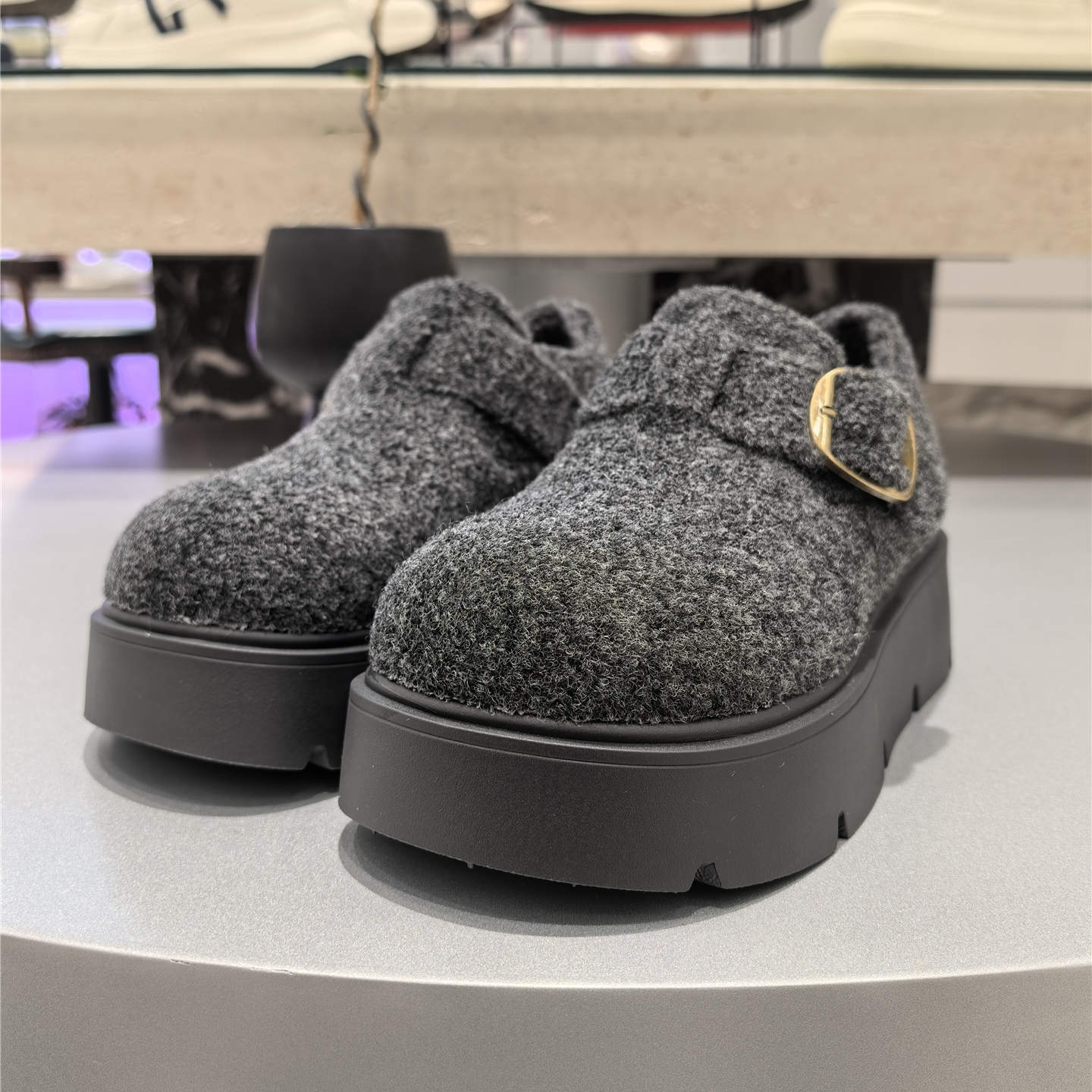 毛毡厚底勃肯鞋女灰色增高保暖