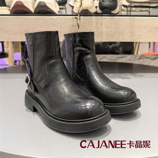 冬季新款短靴薄绒后拉链女士圆头中跟马丁靴粗跟通勤女鞋保暖女鞋