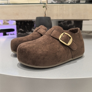 加绒女鞋 青年冬季 女棕色圆头金属扣带休闲鞋 钎度玫瑰丑萌勃肯鞋
