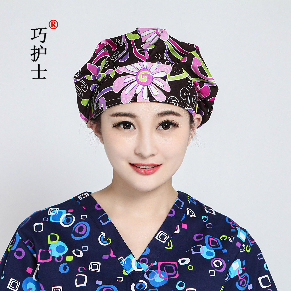 巧护士 蓬蓬帽紫荆花棉布印花透气女医生手术室帽子美容师工作帽