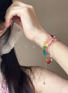 rosepeach「多巴胺系列」原创小众少女夏日爱心彩色玻璃小熊手链
