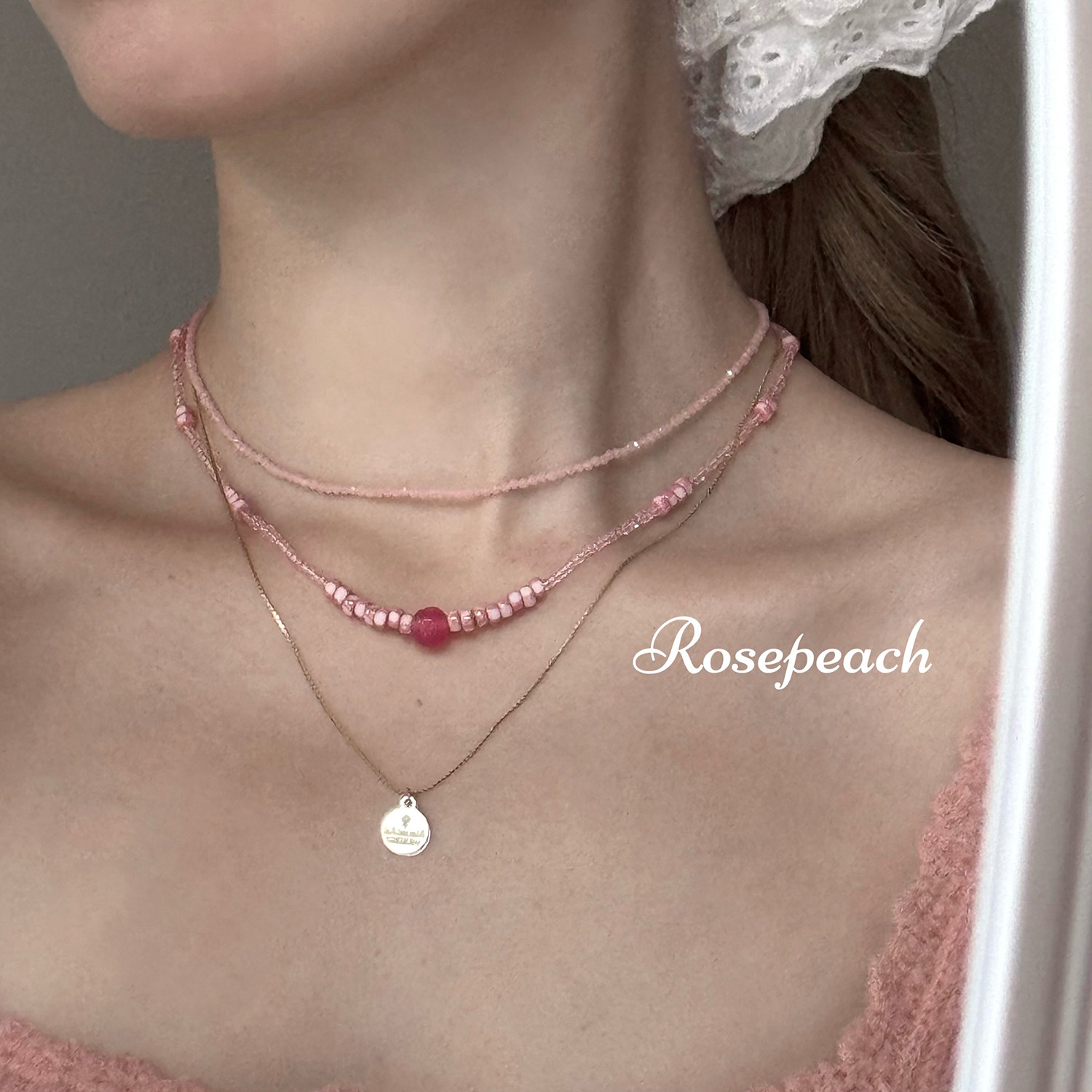 rosepeach「蜜桃苏打」原创小众清新粉色少女显白串珠叠戴项链