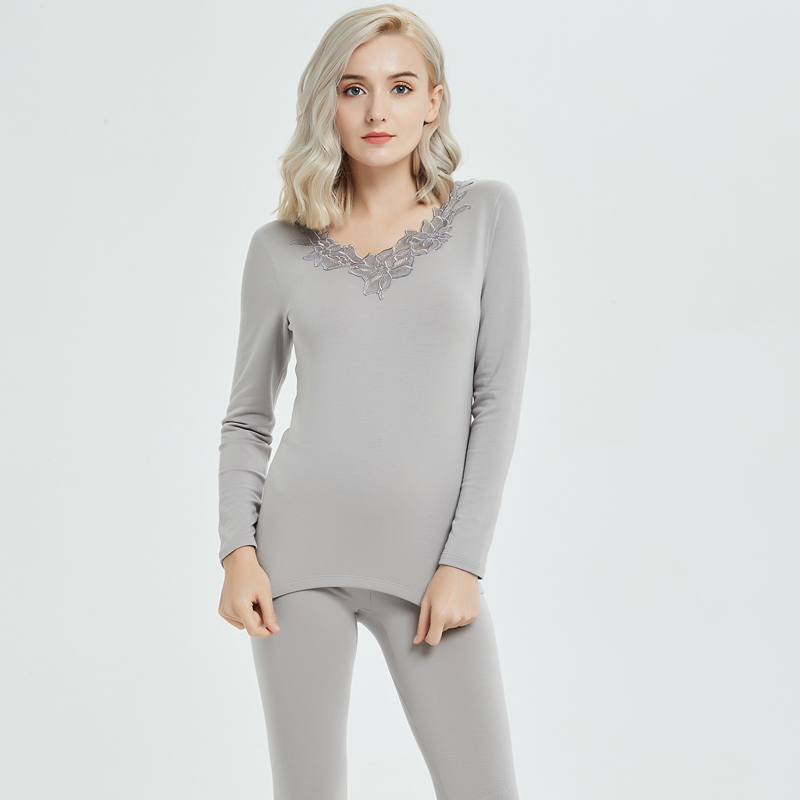 雪竹内衣新品女士打底秋衣秋裤磨绒护膝花边中厚保暖套装18870