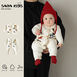 婴儿连体衣春秋宝宝衣服秋装小月龄外出服婴幼儿早秋喜庆毛衣爬服
