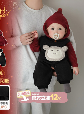 婴儿拜年服套装冬季宝宝衣服喜庆红色冬装婴童加绒背带裤外出童装