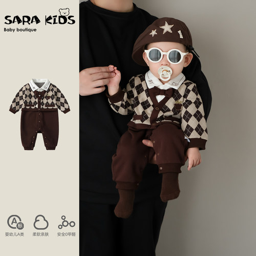 婴儿连体衣春秋季男宝宝连体衣满月百天秋款婴幼儿少爷服外出爬服