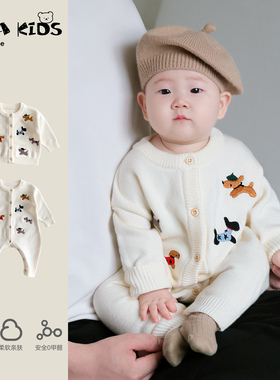 婴儿连体衣秋冬加绒衣服冬季婴幼儿针织外出服男宝宝冬装毛衣爬服