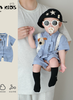 男宝宝短袖连体衣夏季洋气可爱婴儿衣服夏装小月龄哈衣爬服夏天萌
