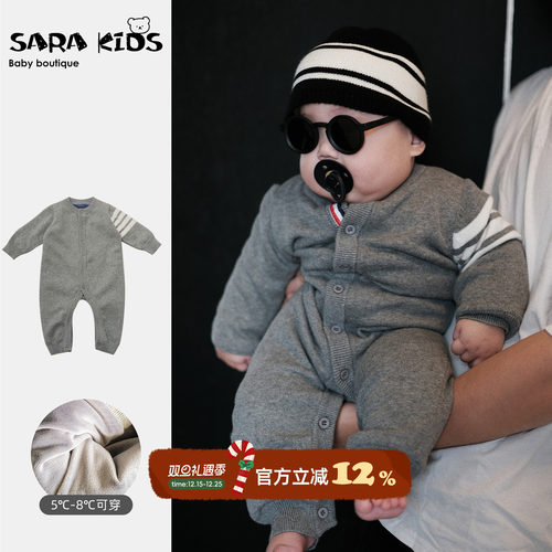 韩系婴儿加绒针织连体衣秋冬新款新生儿宝宝休闲毛衣保暖爬爬服萌