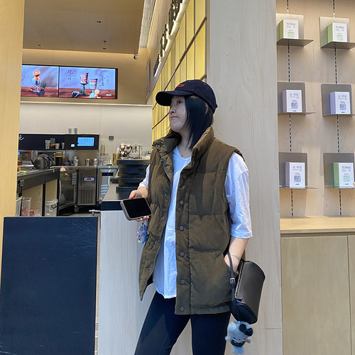 LULUZHANG灯芯绒老钱风质感韩系经典保暖背心白鸭绒羽绒服马甲女