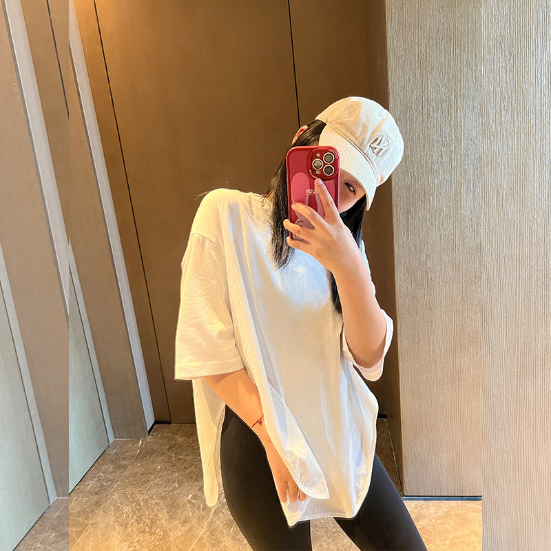 LULU ZHANG简约V领宽松廓形休闲防晒瑜伽罩衫开叉中长款白T短袖女