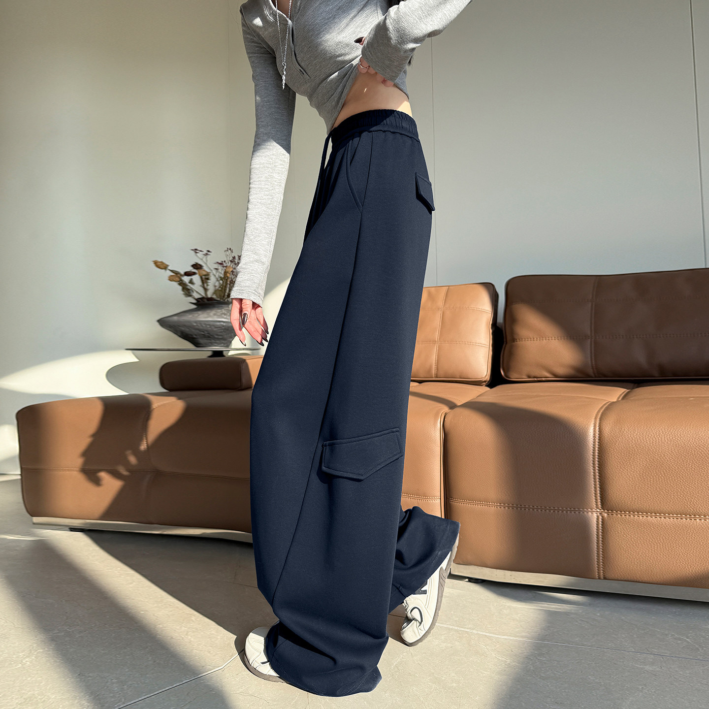 工装裤女2026新款春季小个子弯刀阔腿裤酷飒风藏青色休闲运动裤子,女装/女士精品,休闲裤,淘宝优惠券,粉丝福利购,淘宝优惠卷