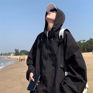 薄款 戶外沖鋒衣外套防曬服男女夏季 寬松連帽夾克高街休閑百搭上衣