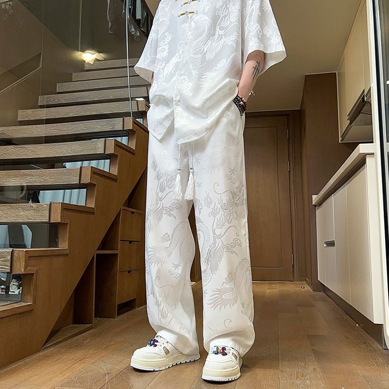 新中式龙纹印花休闲长裤男士夏季宽松薄款直筒阔腿裤大码男装潮牌