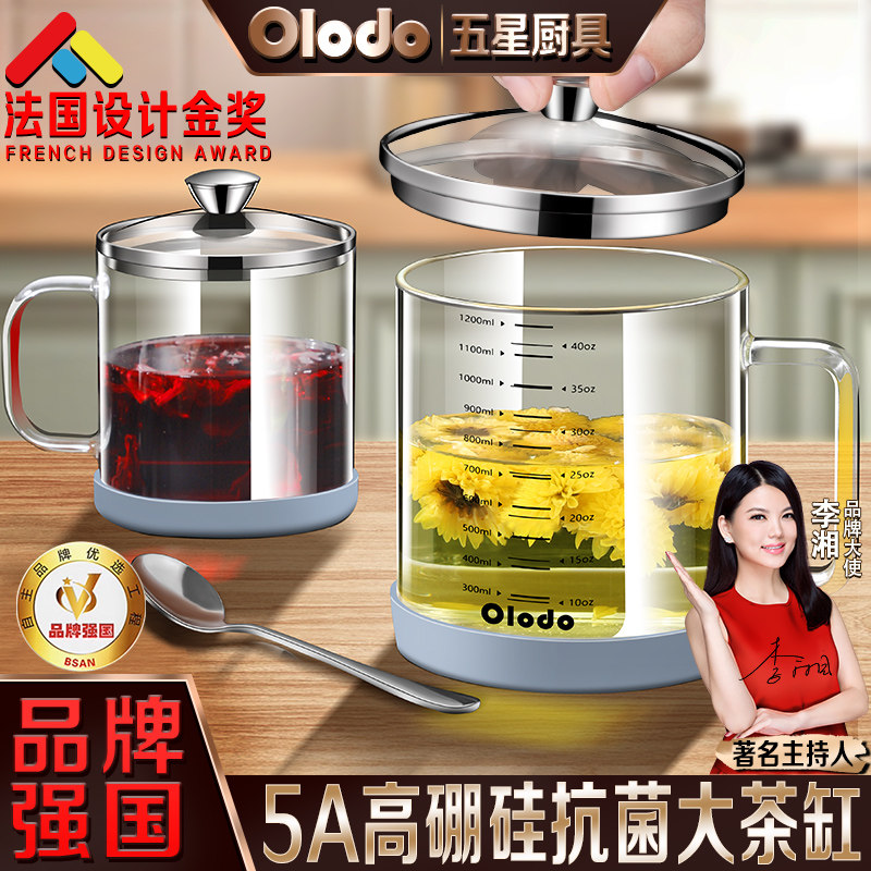 大容量高硼硅玻璃水杯带盖口杯茶缸办公室泡茶耐高温杯子带双刻度