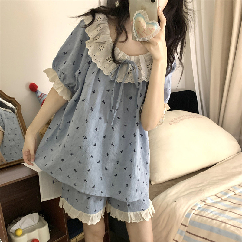 睡衣女款2026新款夏带胸垫纯棉短袖学生可爱花边可外穿家居服套装