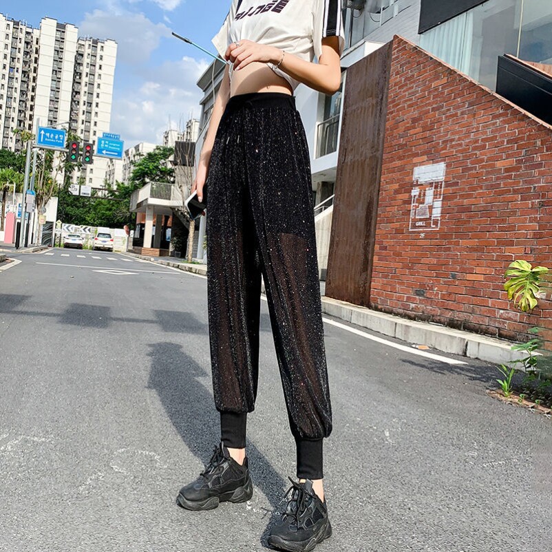 雪纺宽松束脚防蚊裤女夏新款哈伦休闲裤薄款亮片灯笼裤九分防晒裤