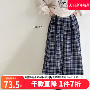 贝田女童加绒裤子冬季加厚一体绒格子裤2025新款阔腿裤薄绒运动裤