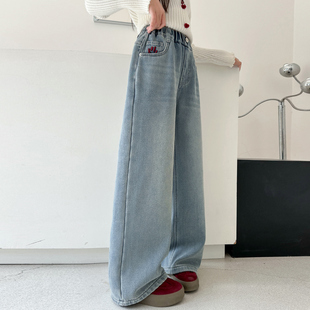 贝田2025新款冬季女童加绒牛仔裤儿童裤子加厚一体绒冬天女孩长裤