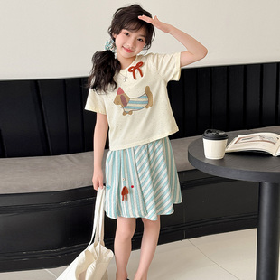 贝田2025新款夏季女童套装夏装儿童短袖女孩夏天短裙子大童两件套
