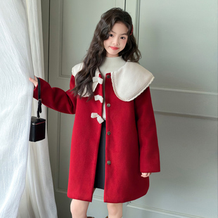 女童外套冬季红色巨好看呢大衣冬装儿童拜年服大童加绒加厚过年服