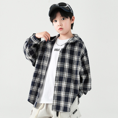 贝田男童春秋洋气格子衬衫外套
