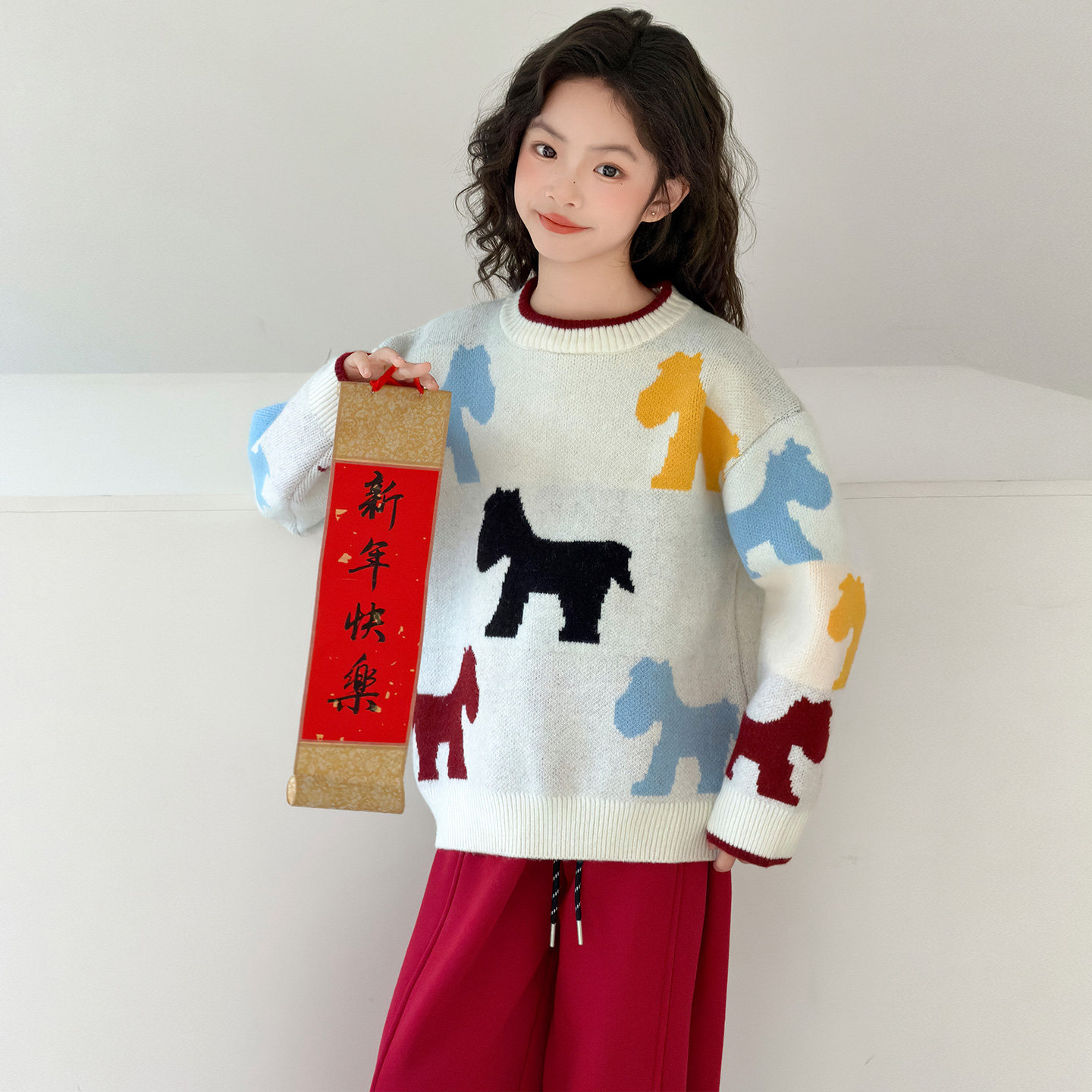 女童毛衣马年儿童毛线衣冬季加厚2026新款洋气冬装新年打底针织衫