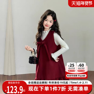 贝田女童红色连衣裙套装冬季儿童时髦洋气2025新款冬装加厚过年装