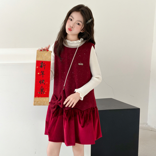 女童冬装套装小公主洋气儿童时尚时髦本命年12岁女孩红色过年衣服