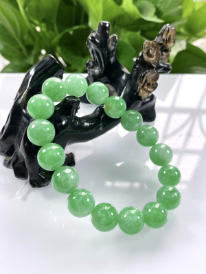 缅甸天然翡翠A货，卡12冰糯种满绿圆珠手串手链4962
