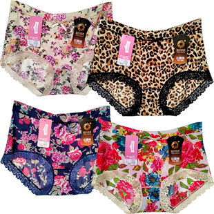 冰丝印花平脚石墨烯包臀蕾丝边收腹干爽 女高腰大码 3条装 彩田内裤