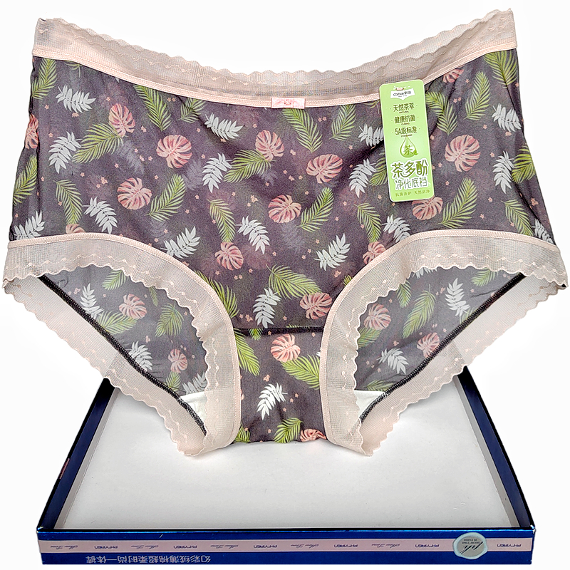 彩田内裤冰丝印花薄蕾丝边茶多酚