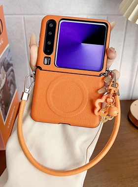 新款荔枝纹橙色皮纹适用华为purax手机壳三星zflip7 6 5手机壳nova flip硬壳W25Flip折叠小米2荣耀Vflip2全包