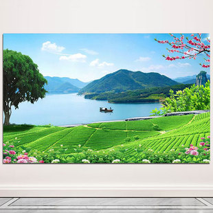 蓝天白云茶园茶山图唯美山水风景画田园风光客厅茶庄背景墙画自粘