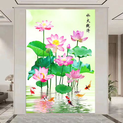 荷花净秽防水图卫生间走廊过道风水装饰画莲花白莲鲤鱼图竖款自粘