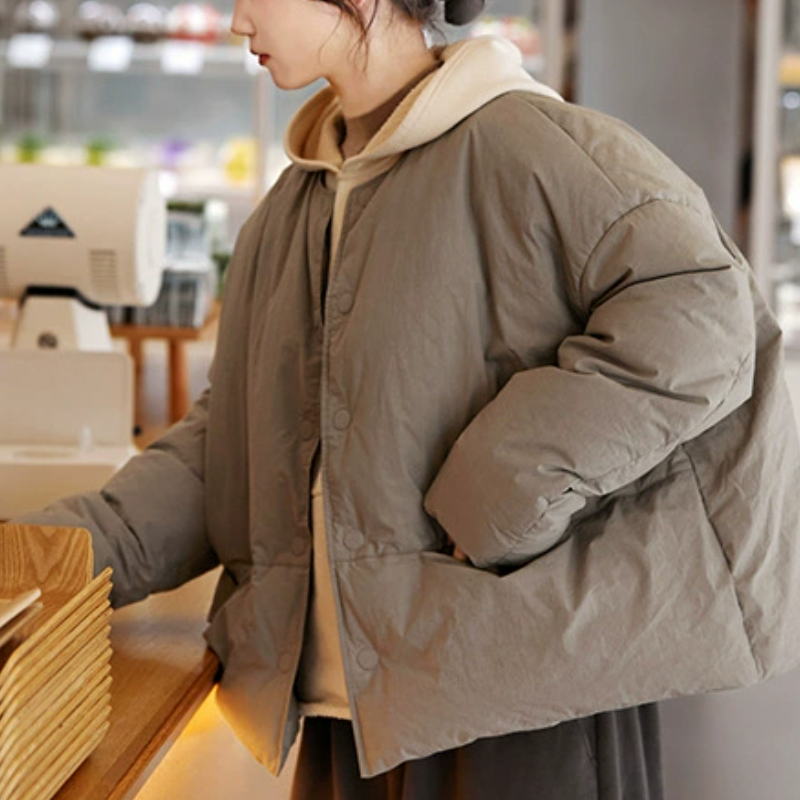 冬季新款文艺复古原创女装青灰色棉朴素白鸭绒高级保暖短款羽绒