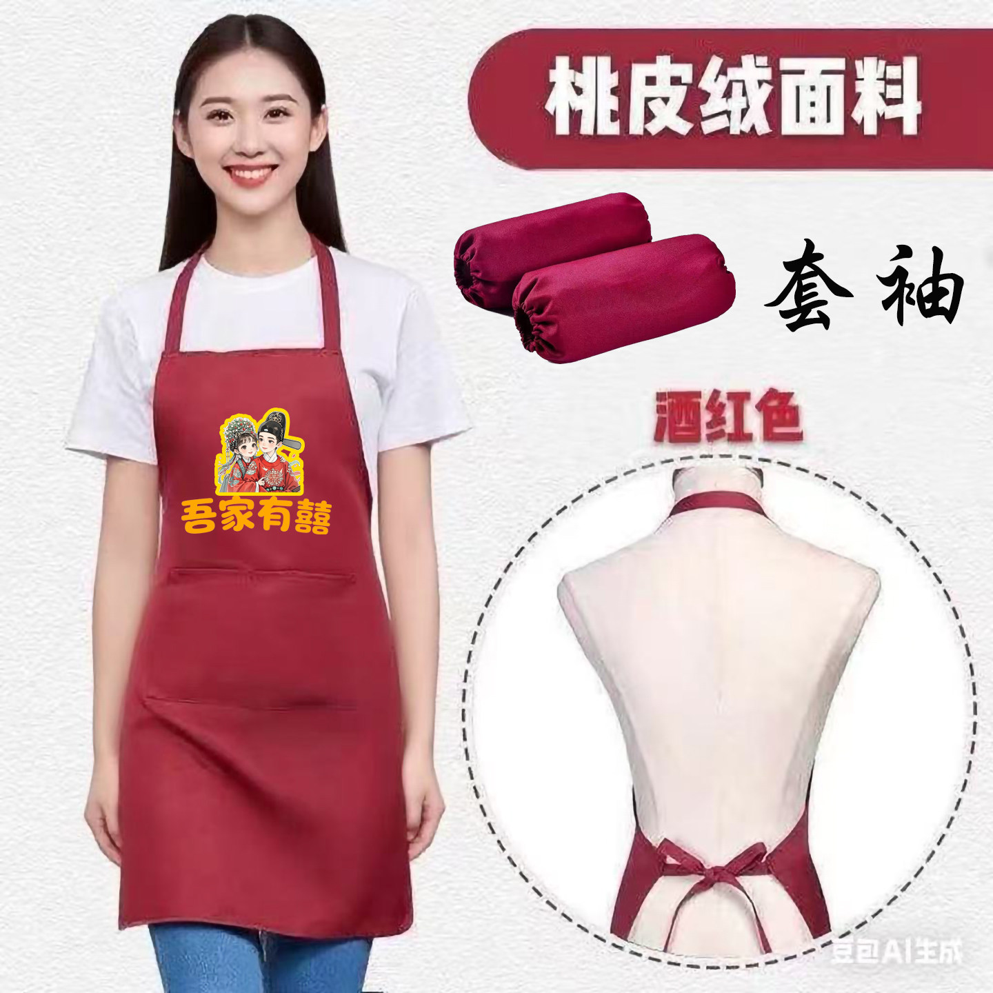 喜庆结婚围裙批发喜事两件套家有袖套定制围腰寿宴厨房喜字满月酒