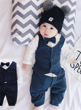 男宝宝满月百日哈衣洋气新生儿婴儿夏季周岁男孩拍照帅气绅士秋装