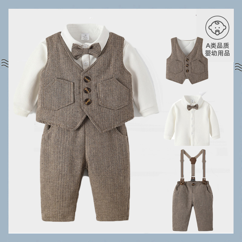 男孩绅士套装背带裤三件套秋冬加绒保暖礼服婚礼宝宝周岁外出服装